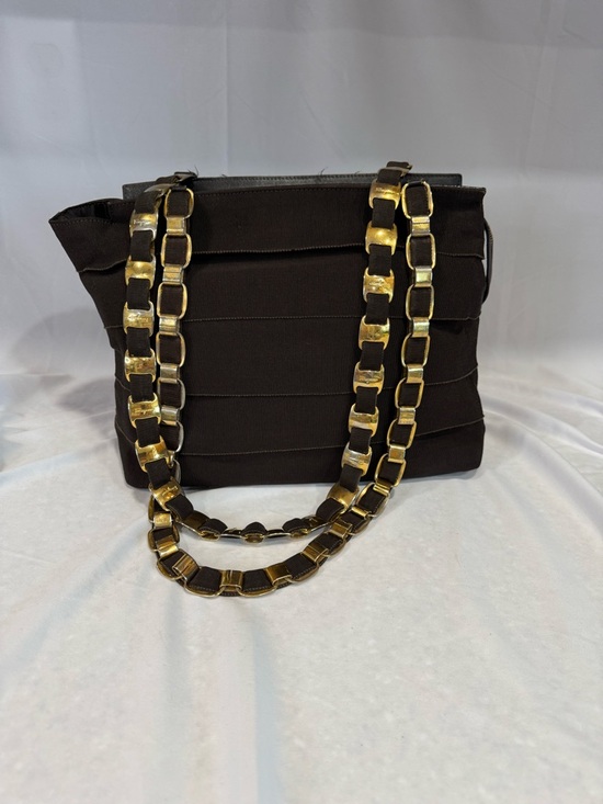 Salvatore Ferragamo Handbags - Tiered Brown Grosgain Ribbon Shoulder Bag with gold Chain links- AU-21 Series